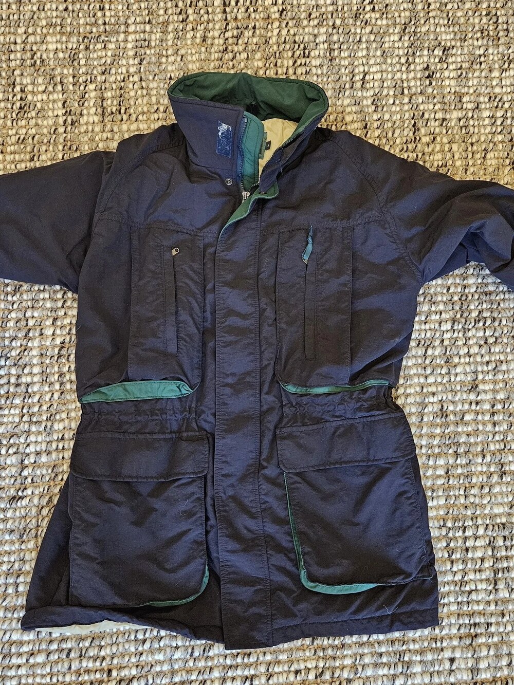 Vintage 90s Woolrich Thinsulate Parka Jacket Navy Blue Green Trim Size Medium